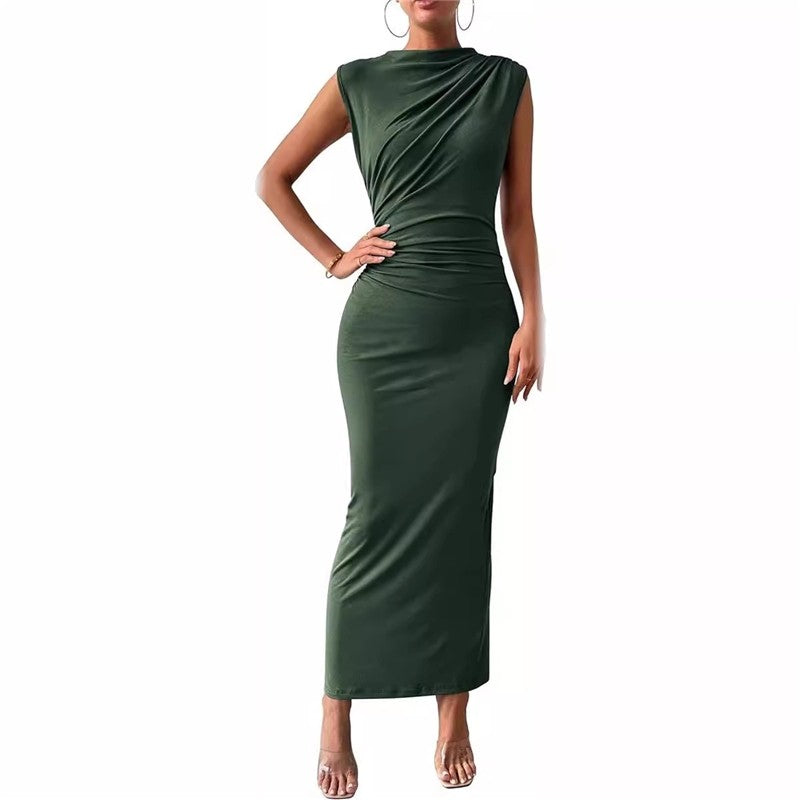 Sleeveless Back Slit Pleated Bodycon Maxi Dress