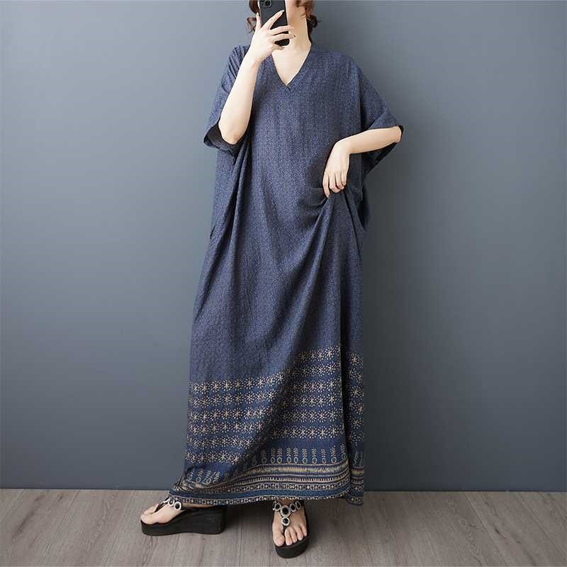 V Neck Printed Loose Long Dress