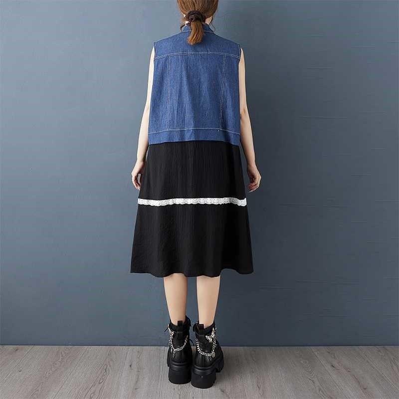 Colorblock Lace Denim Vest Dress