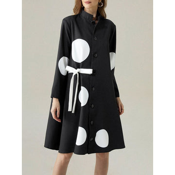 Long Sleeves Loose Asymmetric Buttoned Polka-Dot Tied Mock Neck Midi Dresses