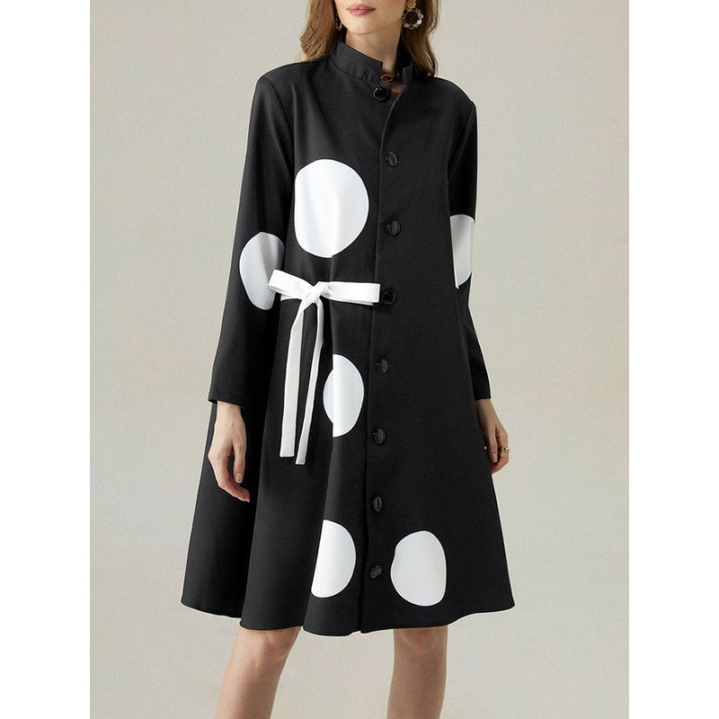 Long Sleeves Loose Asymmetric Buttoned Polka-Dot Tied Mock Neck Midi Dresses