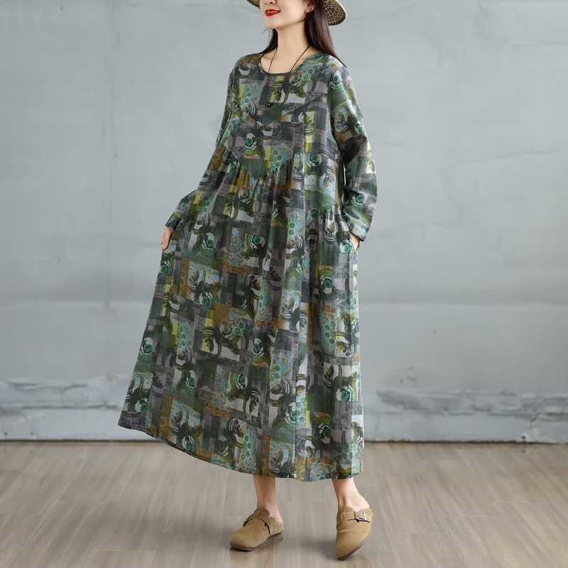 Round Neck Loose Print Long Sleeve A Line Dress
