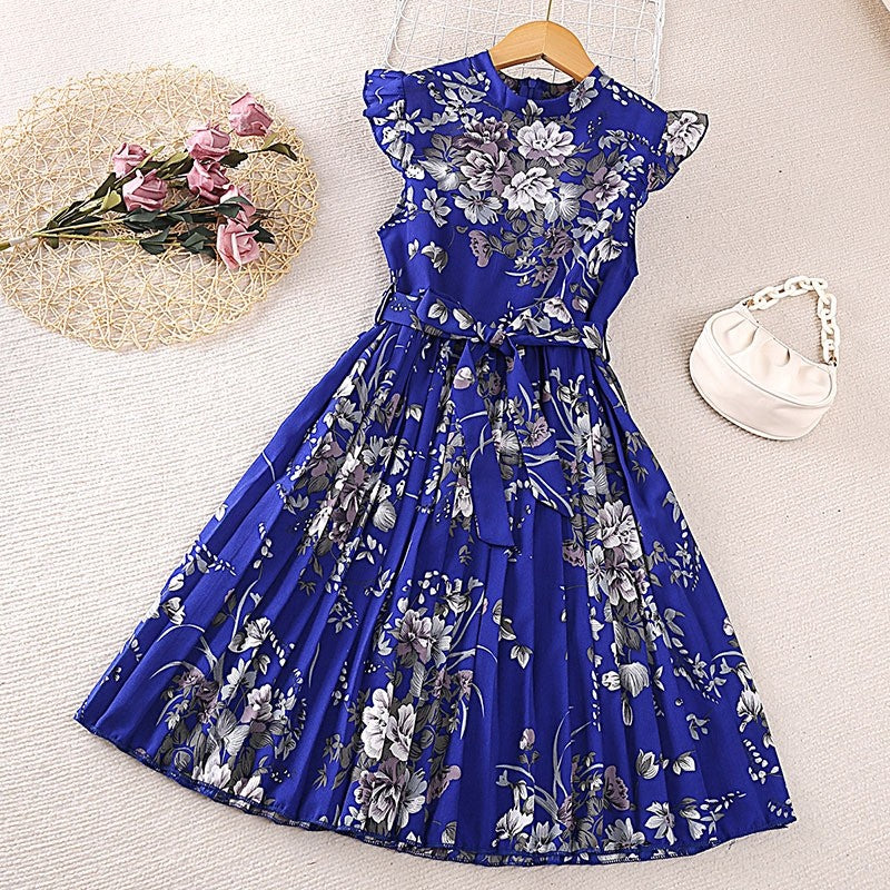 Girls' Printed Dash Sleeve Lace-Up Dress
