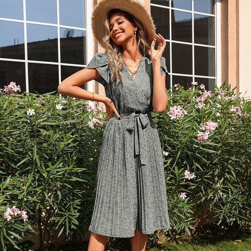Summer Green Printed Pleated V-Neck Boho Dress