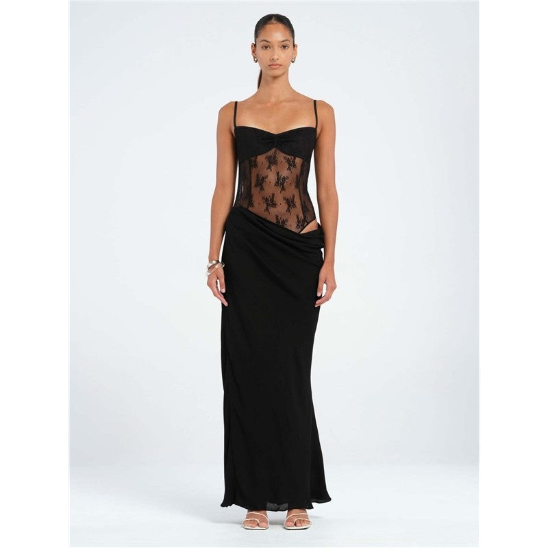 Solid Color Lace Sleeveless Bodycon Maxi Dress