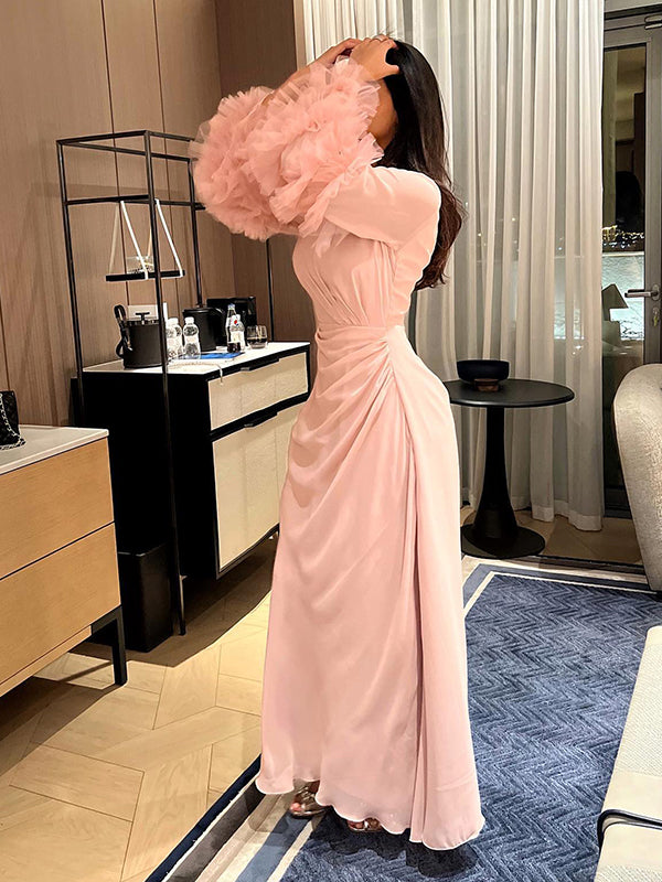 Solid Color Pleated Tied Waist Flared Sleeves Long Sleeves Maxi Dresses