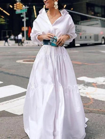 Long Sleeves Loose Belted Pleated Solid Color Lapel Maxi Dresses Shirt Dress