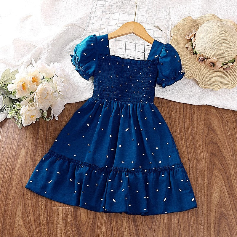 Girls' Polka Dot Square Neck Short Sleeve Dress