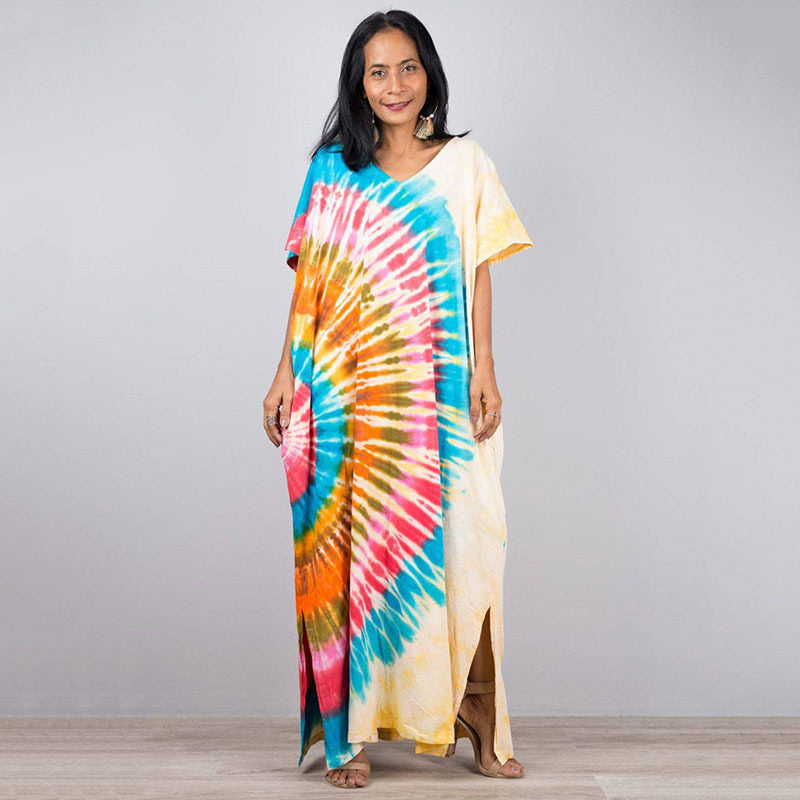 Short Sleeves Tie-Dyed Split Maxi Dress