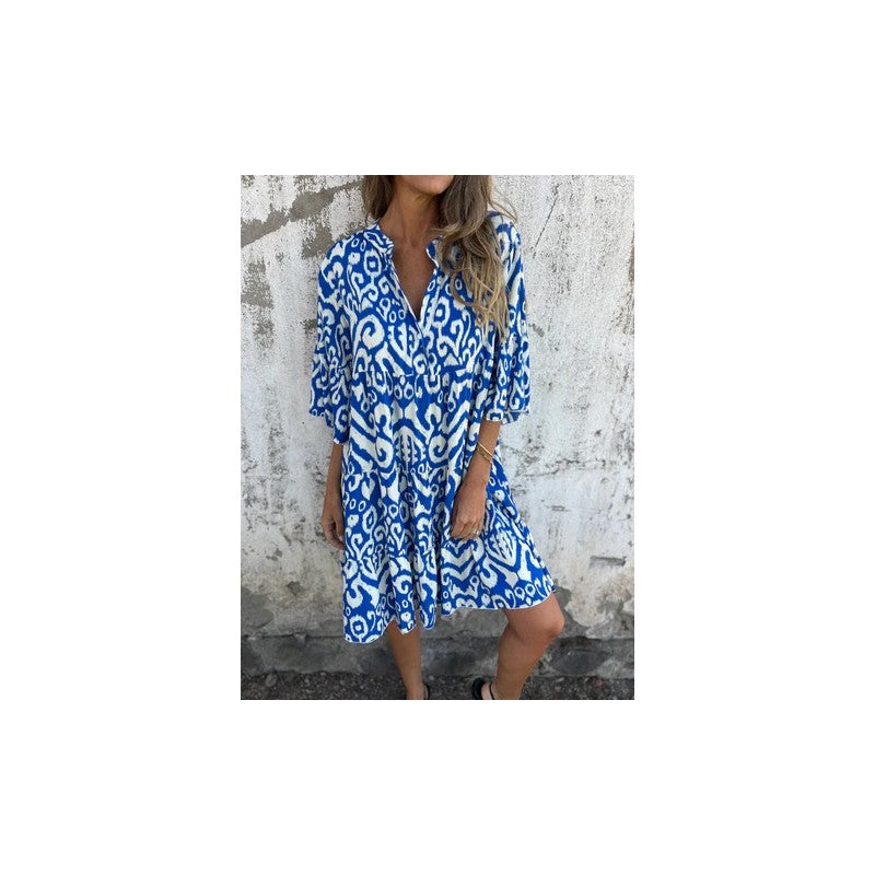 Loose V-Neck Print Pleated Short Dress