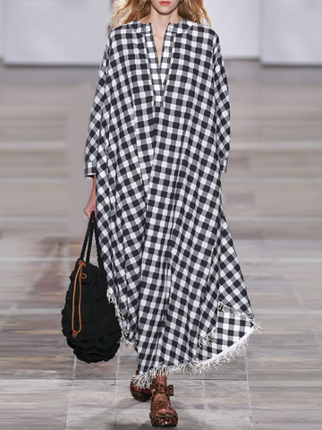 Long Sleeves Loose Buttoned Fringed Plaid V-Neck Maxi Dresses