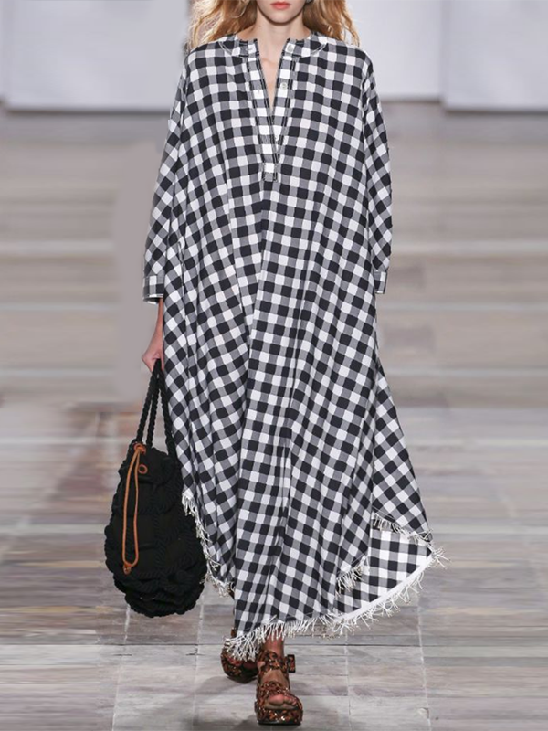 Long Sleeves Loose Buttoned Fringed Plaid V-Neck Maxi Dresses