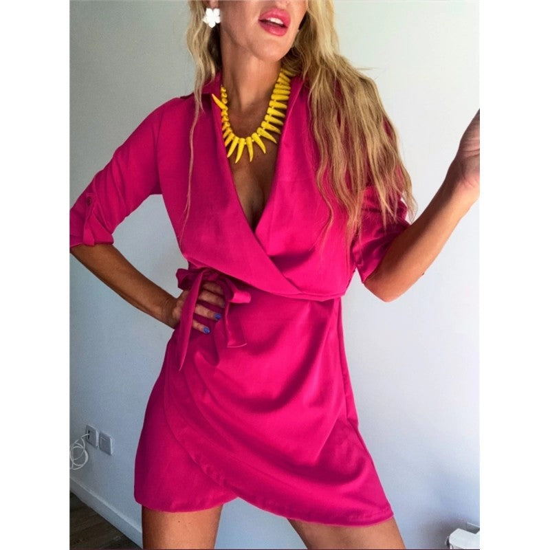 Solid Color Belted Collar Short Dress