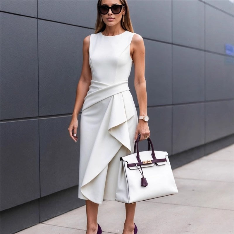 Solid Color Waist Asymmetrical Sleeveless Dress