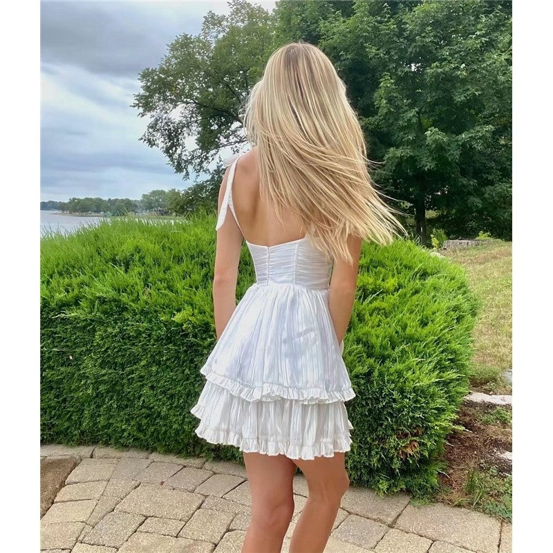 Three-Tier Colorful Silk-Chiffon Dress Pleated Lace-Up Skirt