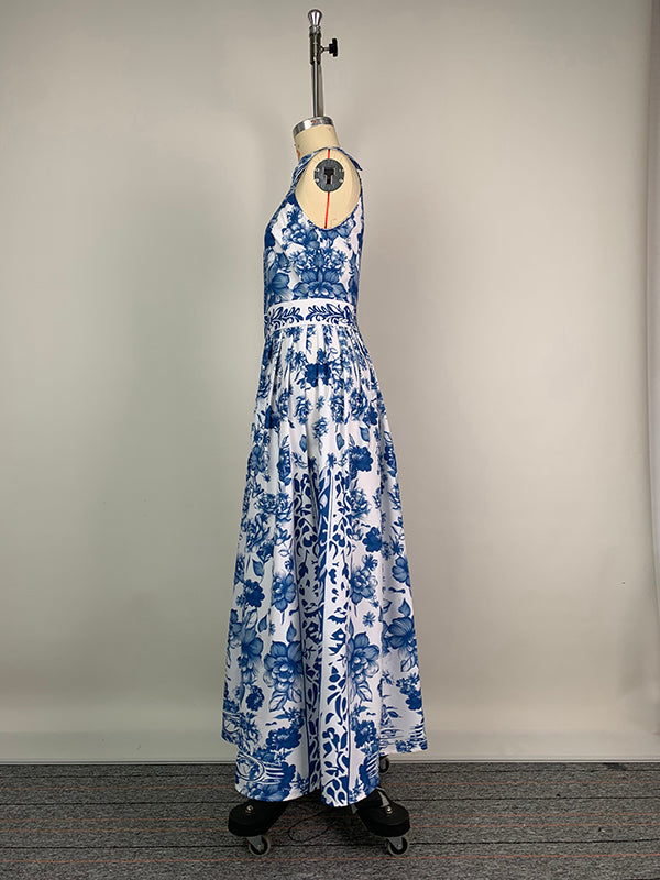 A-Line Loose Flower Print Split-Joint Lapel Maxi Dresses
