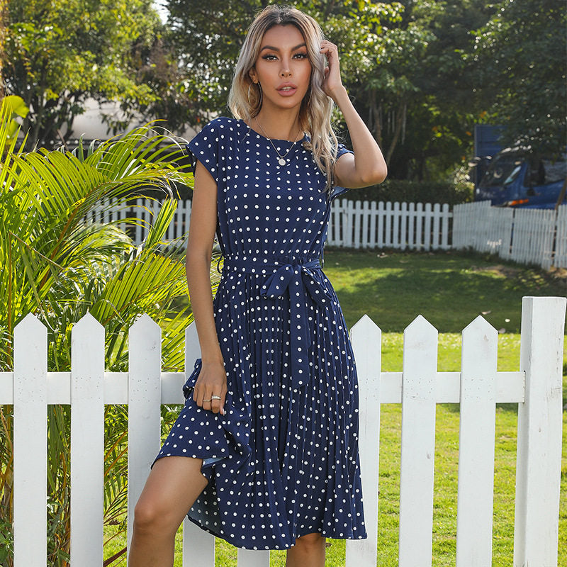 Polka-Dot Short-Sleeve Lace-Up Boho Dress