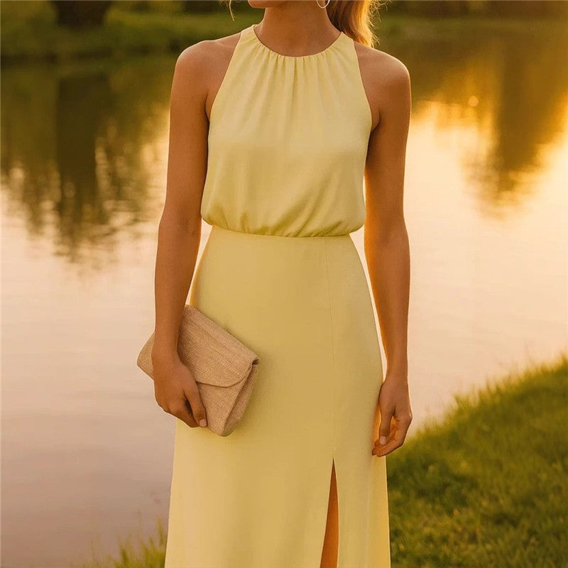 Solid Color Slit Sleeveless Pleated Dress