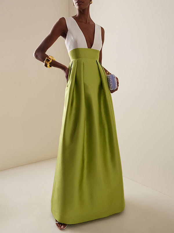 A-Line High Waisted Contrast Color Pleated Zipper Deep V-Neck Maxi Dresses
