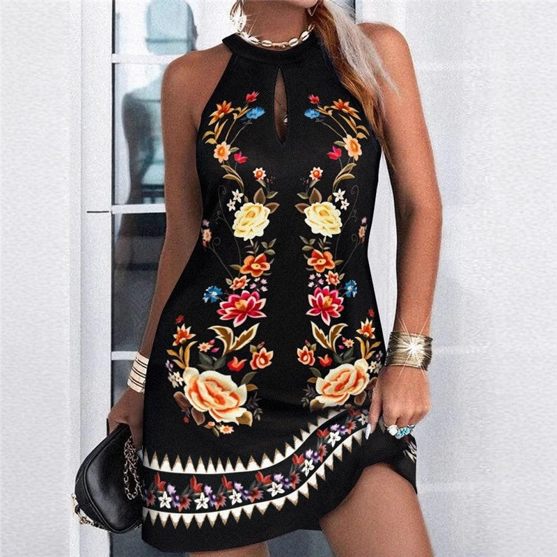 Sleeveless Halter Print Short Dress