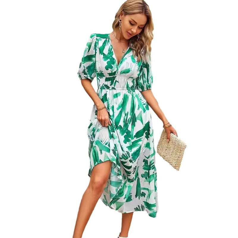 V-Neck Print Elastic Waist Short Sleeve Dress
