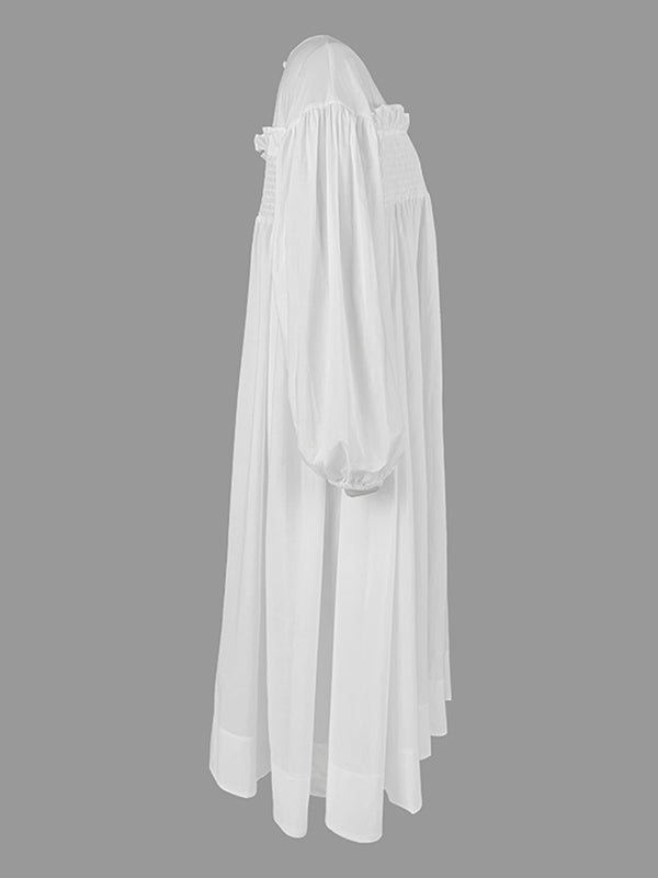 A-Line Long Sleeves Mesh Pleated Pockets See-Through Solid Color Split-Joint Round-Neck Midi Dresses