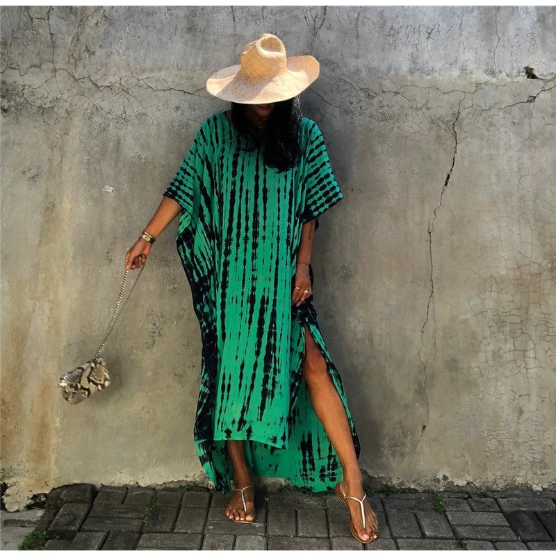 Half Sleeves V-Neck Tie-Dyed Maxi Dress