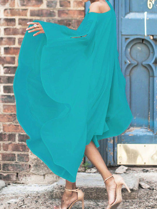Batwing Sleeves Asymmetric Solid Color Cold Shoulder Midi Dresses