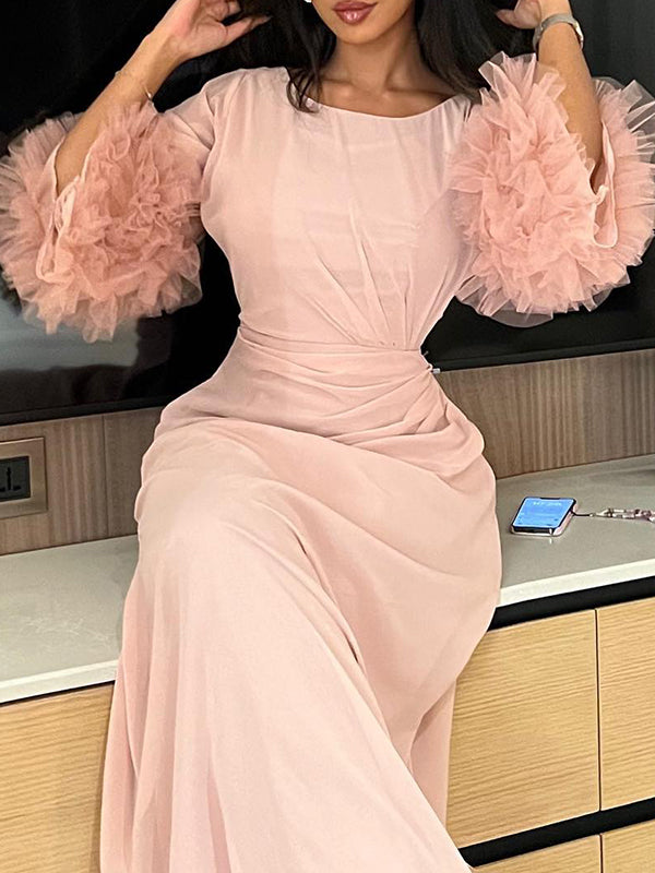 Solid Color Pleated Tied Waist Flared Sleeves Long Sleeves Maxi Dresses