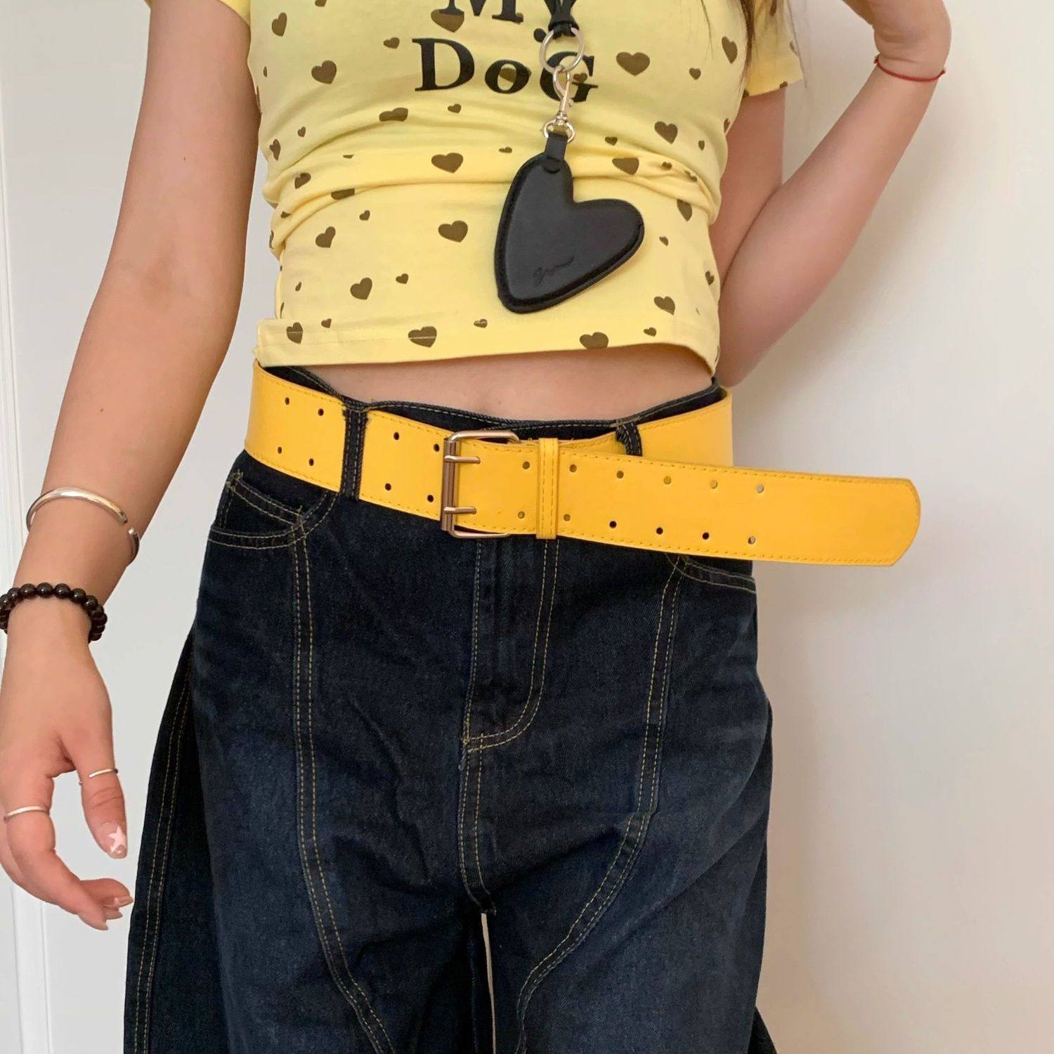 Women's Wide Yellow Belt With Double Buttons For Dresses And Jeans