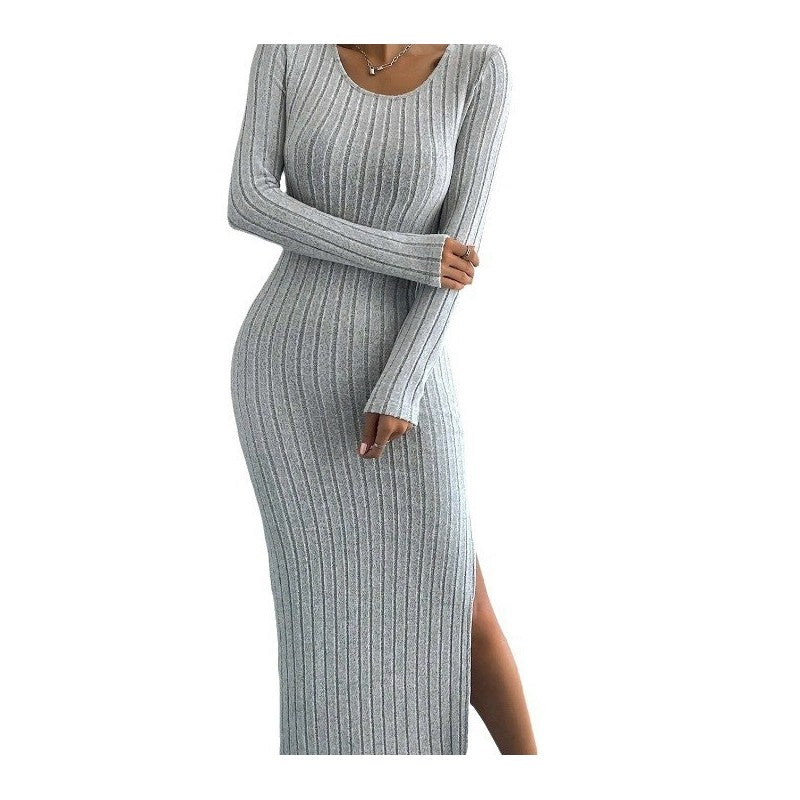 Long Sleeve Round Neck Slit Knit Maxi Dress