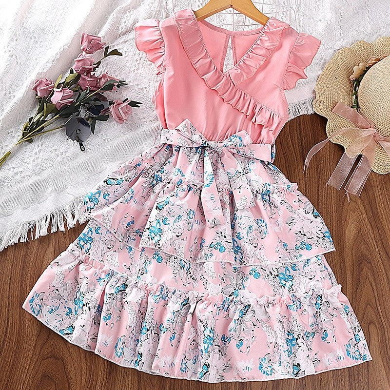Girl's Lace Neck Fly Sleeve Floral Princess Dress
