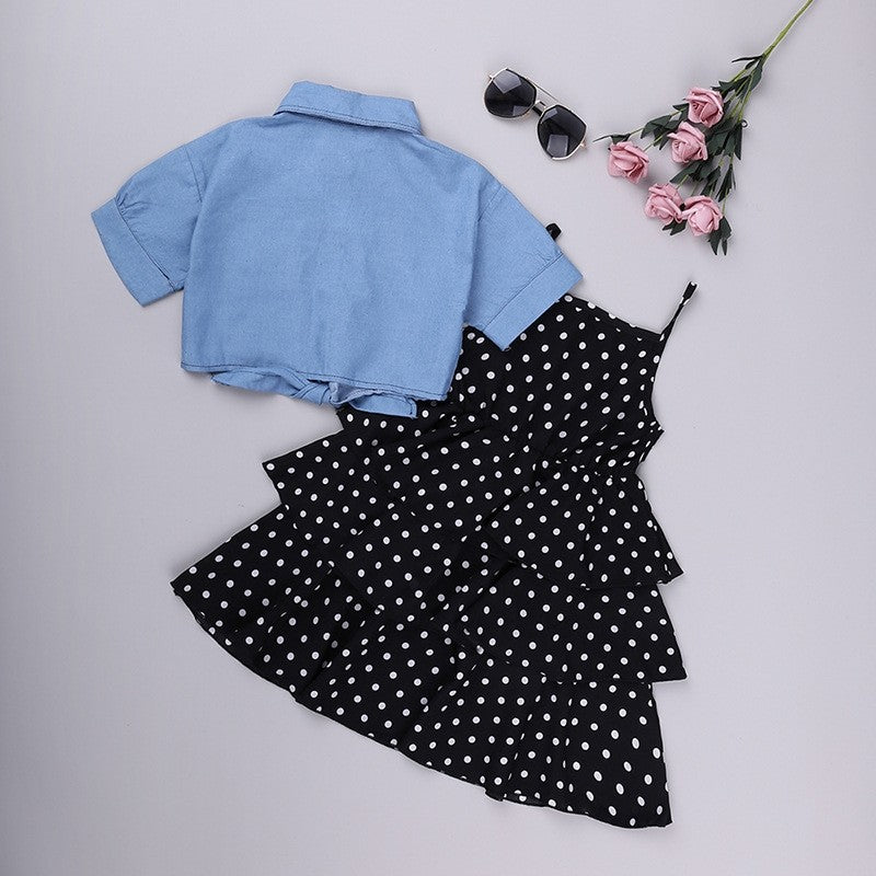 Cowboy Short Sleeve Polka Dot Dress Girl's Set