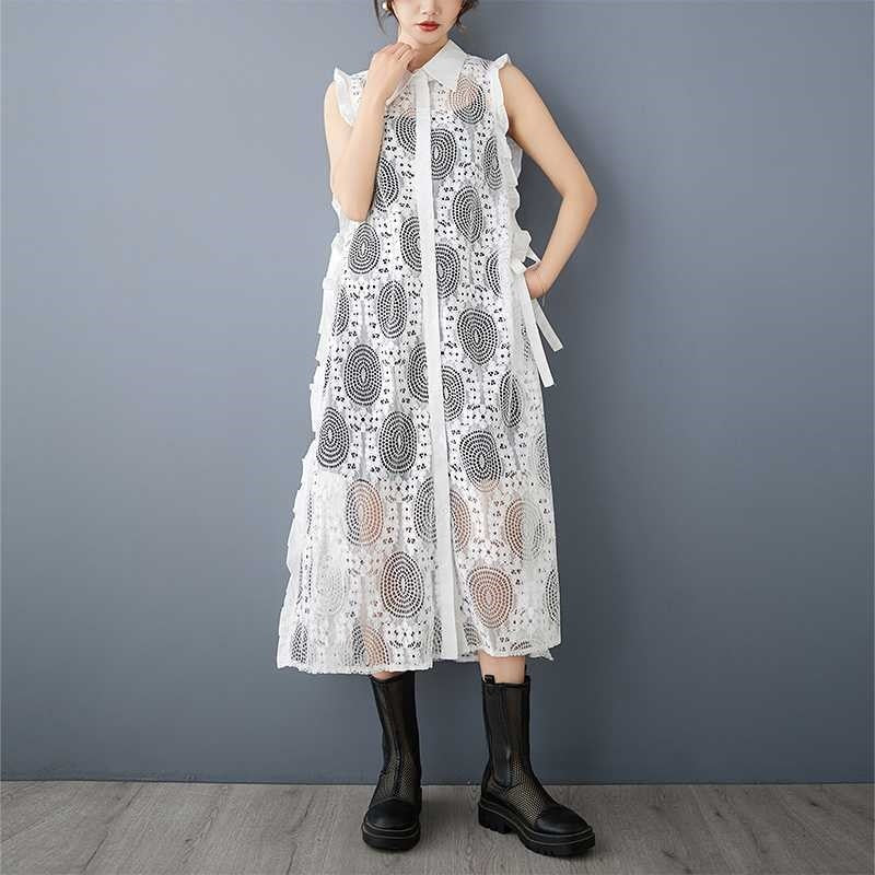 Lace Vest Double-Breasted Shirt Dress With Straps