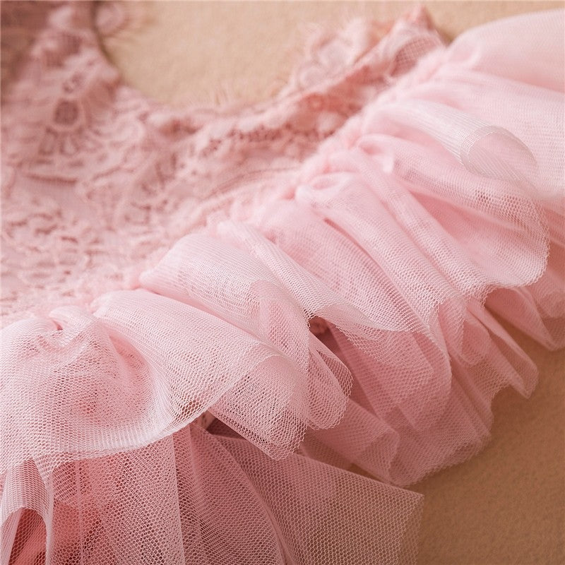 Girls' Solid Color Lace Embroidered Tulle Princess Dress