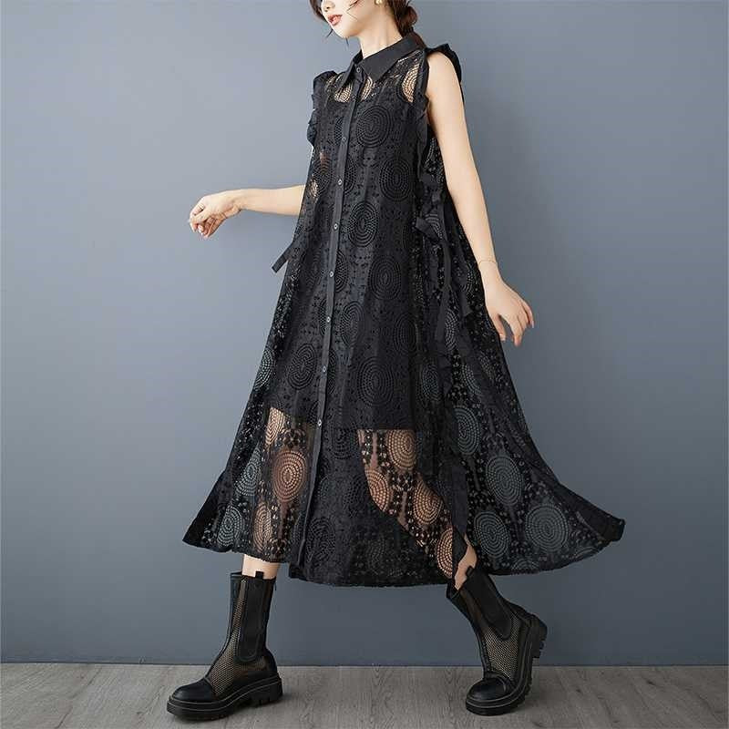 Lace Vest Double-Breasted Shirt Dress With Straps