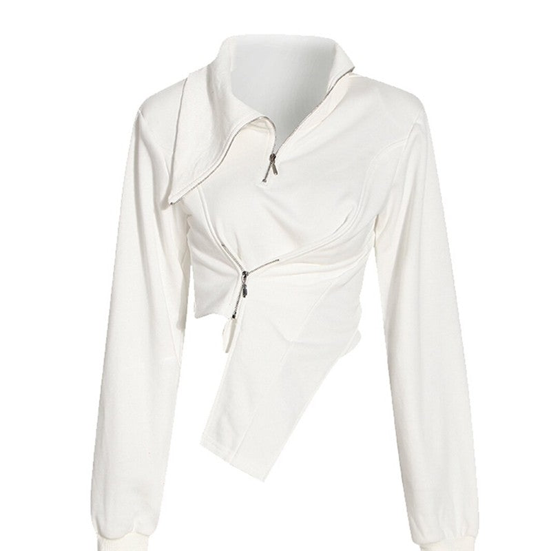Solid Color Short Zip High Neck Asym Hem Slim Fit Sweatshirt
