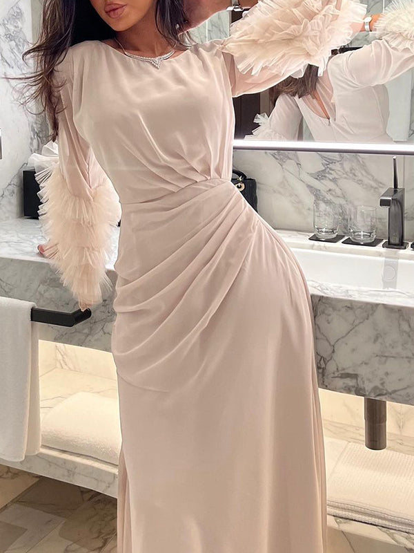 Solid Color Pleated Tied Waist Flared Sleeves Long Sleeves Maxi Dresses