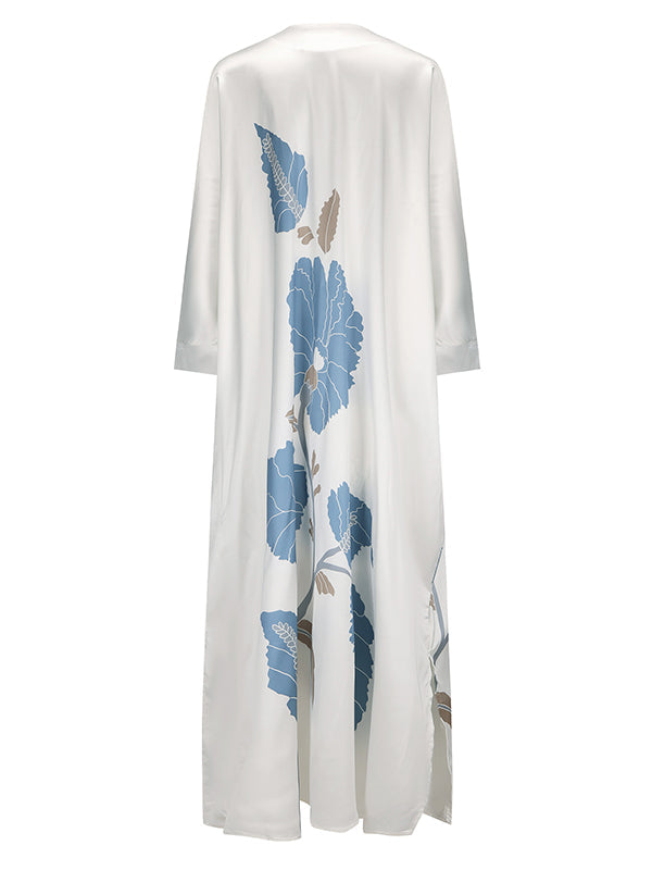Long Sleeves Buttoned Contrast Color Flower&Leaves Print Muslim V-Neck Midi Dresses