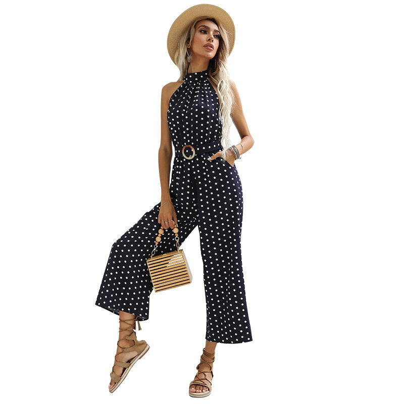 Belted Polka-Dot Halterneck Boho Wide-Leg Jumpsuit
