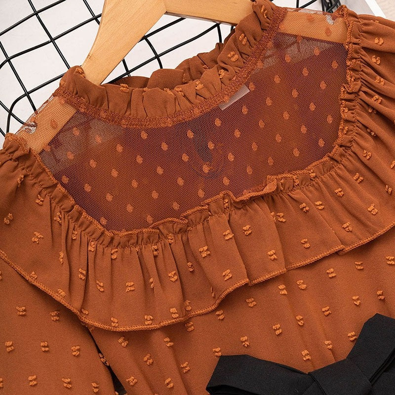 Girls Lace Splicing Polka Dot Long Sleeve Top Short Skirt Set