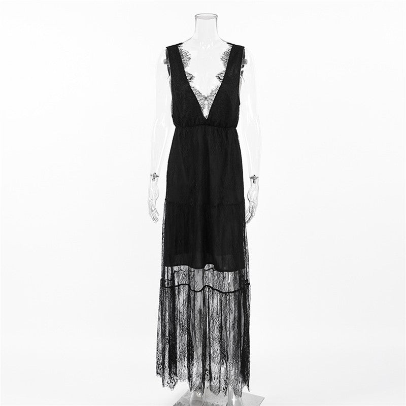 Black Lace Backless V Neck A Line Dress