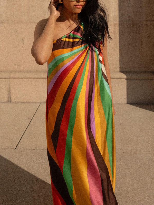 Loose Sleeveless Asymmetric Contrast Color Striped One-Shoulder Maxi Dresses