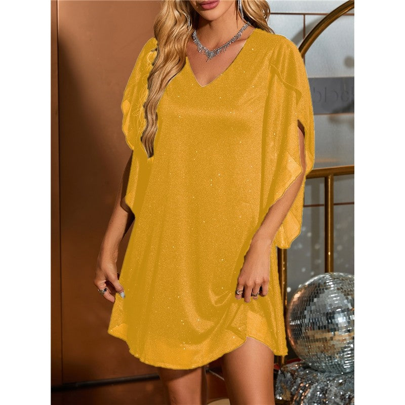 V-Neck Sleeveless Gold Foil Short Dress