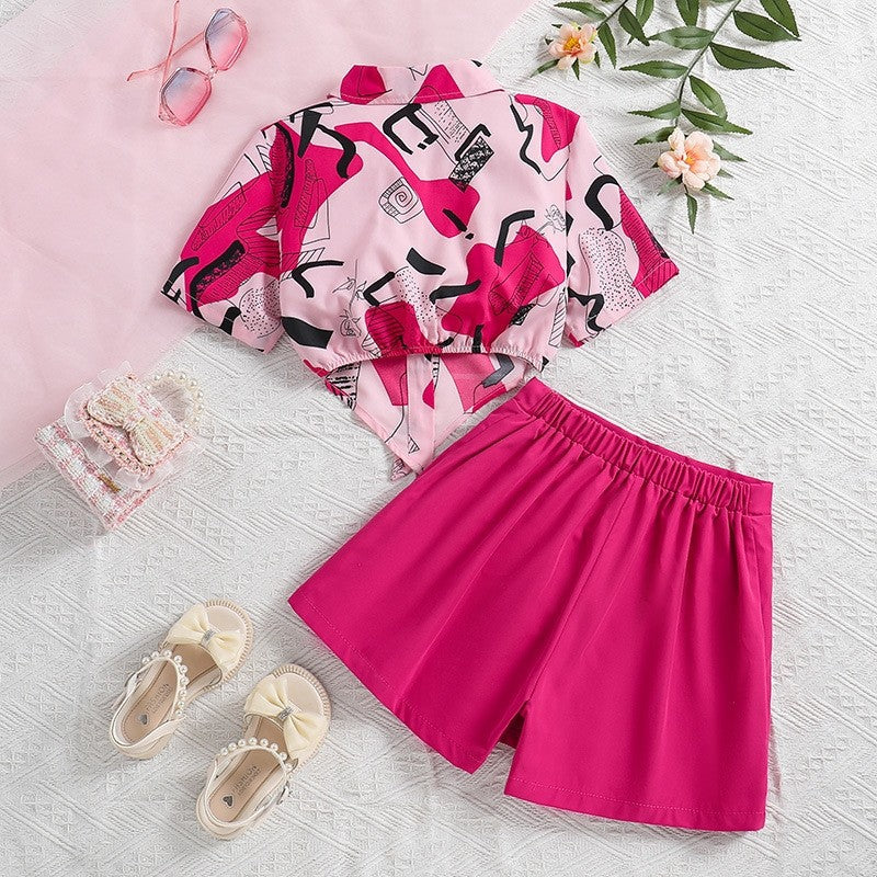 Printed Short Sleeve Shirt Skirt Pants Girl's Set