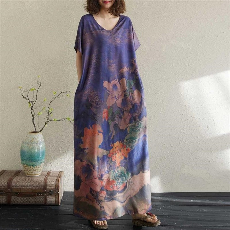 Printed Round Neck Short Sleeve Maxi Dress