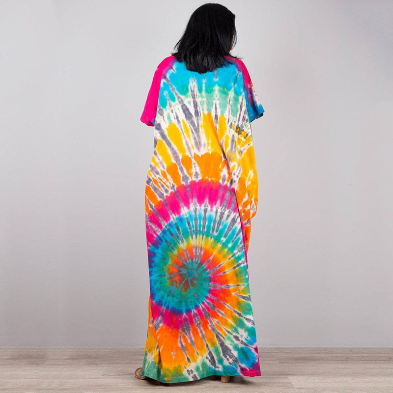 Short Sleeves Tie-Dyed Split Maxi Dress