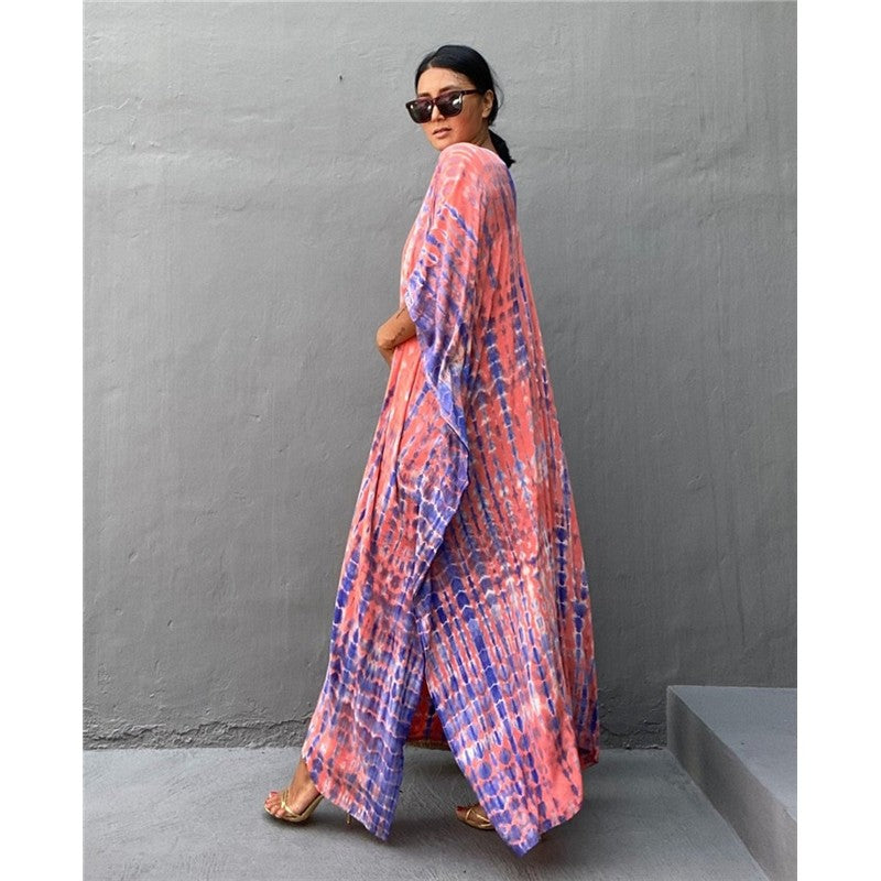 Half Sleeves V-Neck Tie-Dyed Maxi Dress