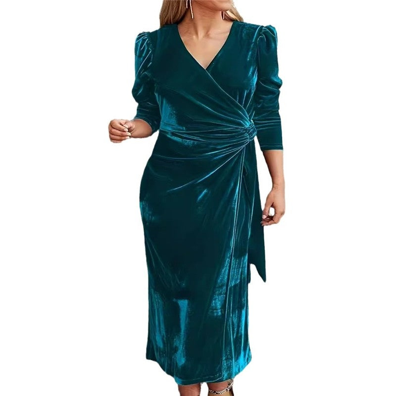 V-Neck Velvet Long Sleeve Solid Color Dress