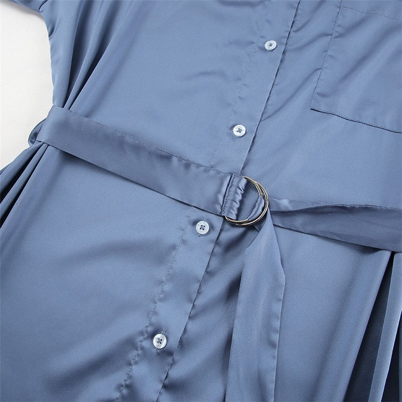 Solid Satin Belted A Line Shirt Dress
